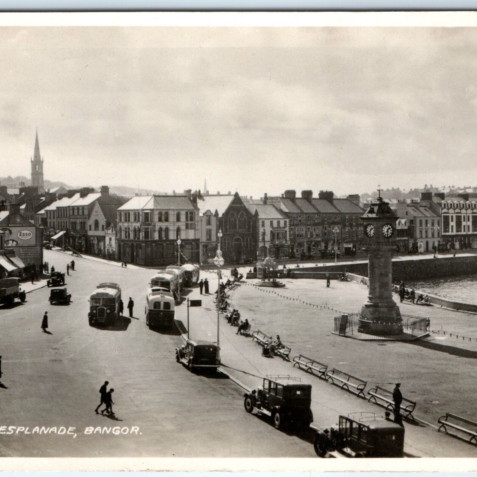 c1930s Esplanade, Bangor, Ireland RPPC Street Car Clock Real Photo McCready A173