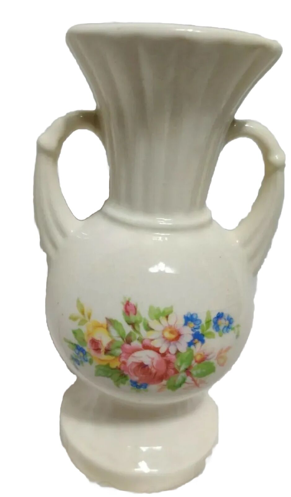Vintage Ceramic White & Flowers Two Handle Vase 6 Inches Tall Home Decoration 