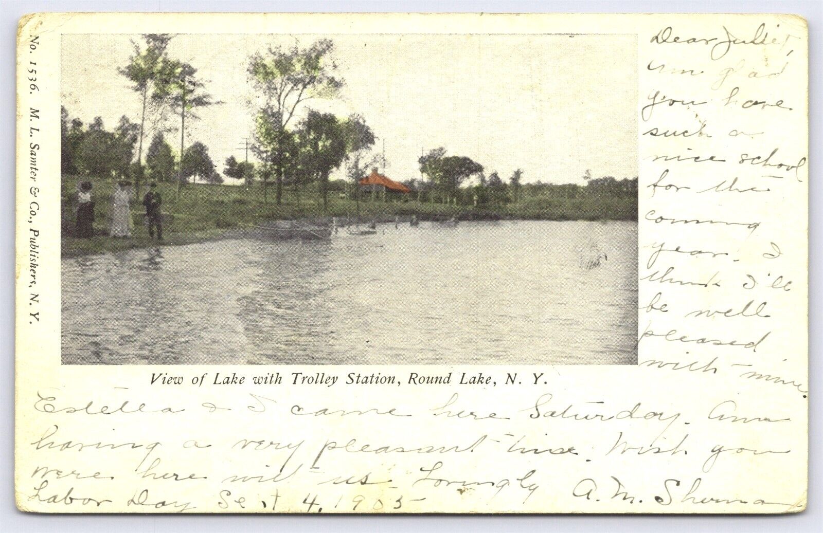 NY Round Lake, View of Lake with Trolley Station, UDB Posted 1905