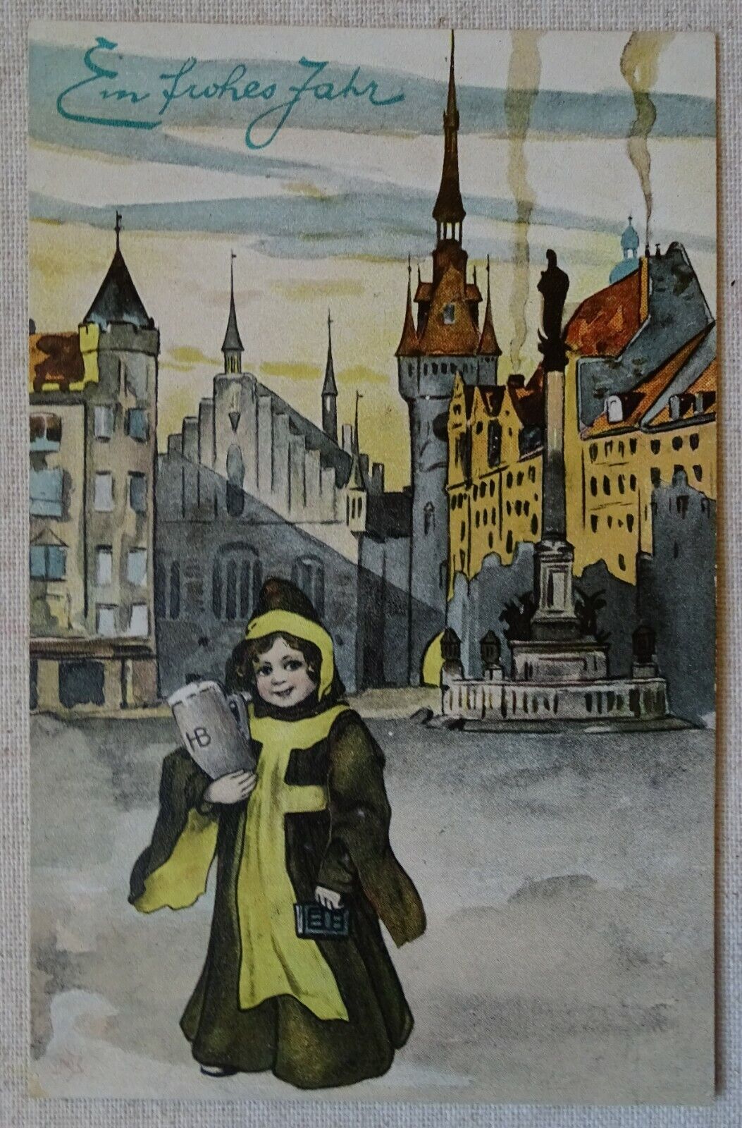 circa 1905 German postcard EIN FROHES FAHR (A Happy Year) with Little Munich 
