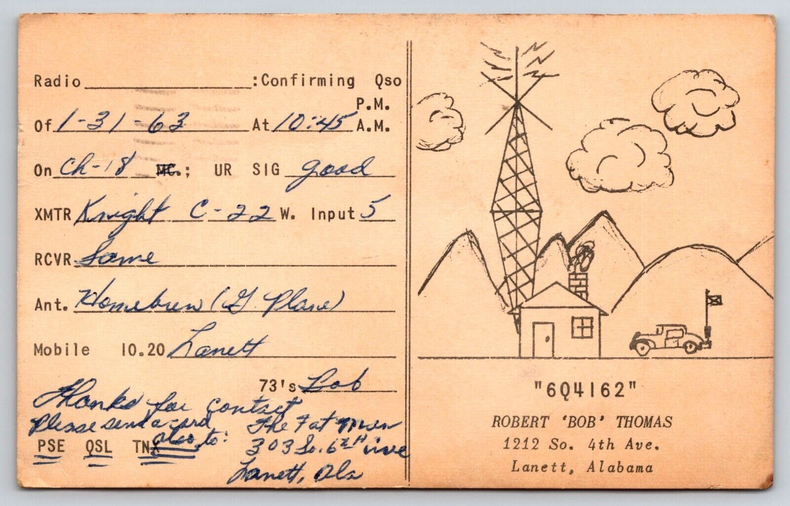 Lanett AL QSL Card Ham Radio 1963 Vintage Correspondence