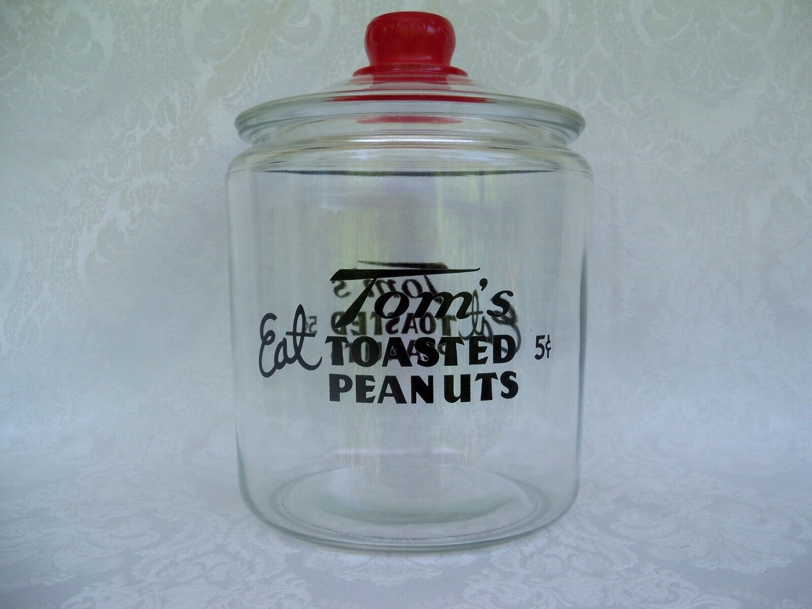 Vintage Eat Tom\'s 5 Cent Toasted Peanuts Countertop Glass Jar with Embossed Lid