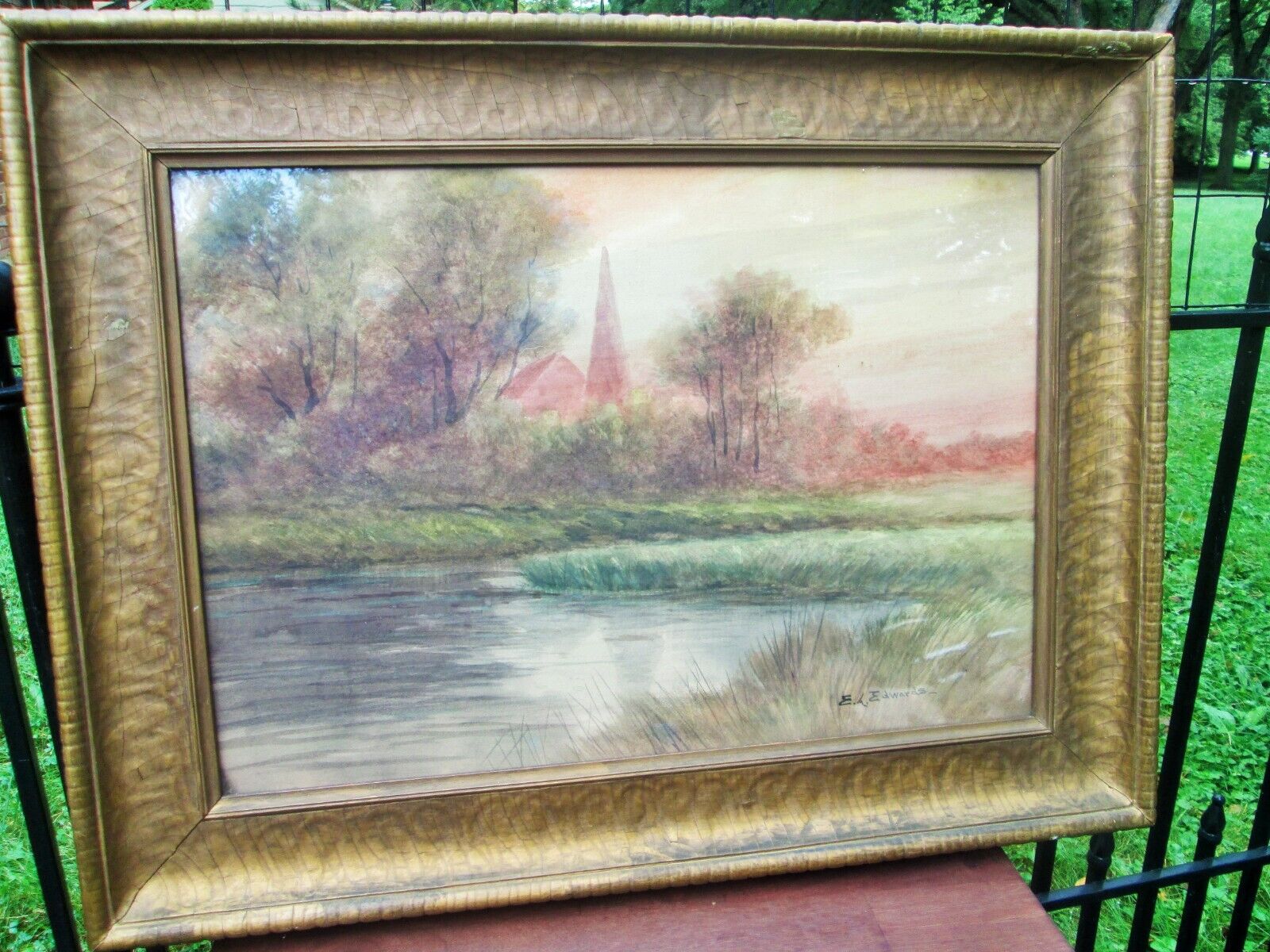 Antique Framed E L EDWARDS Signed Watercolor Painting Barn w Tower on Pond 25\