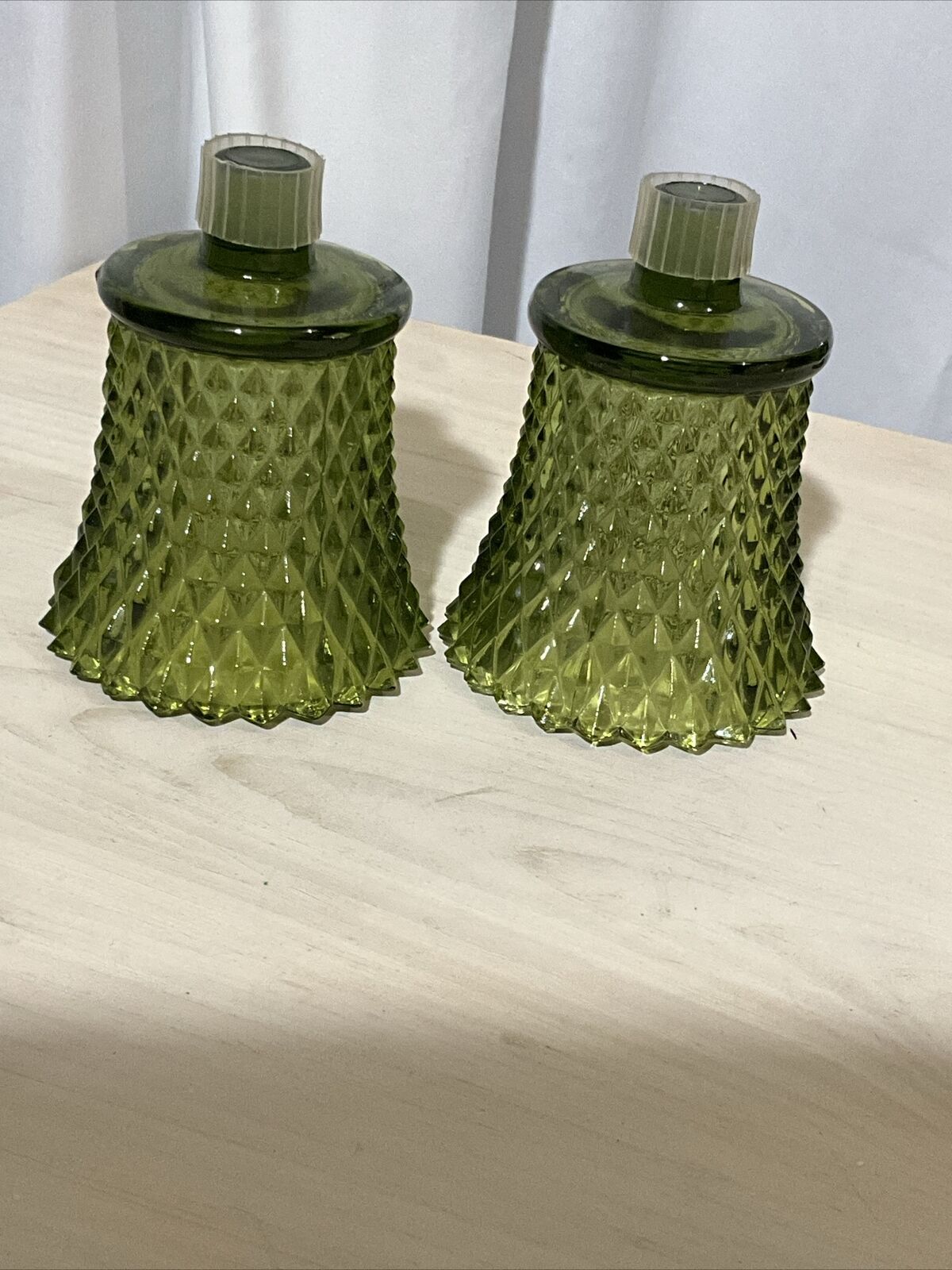 Pair Of Avocado Green Diamond Point Peg Glass Candle Holder 3.25”