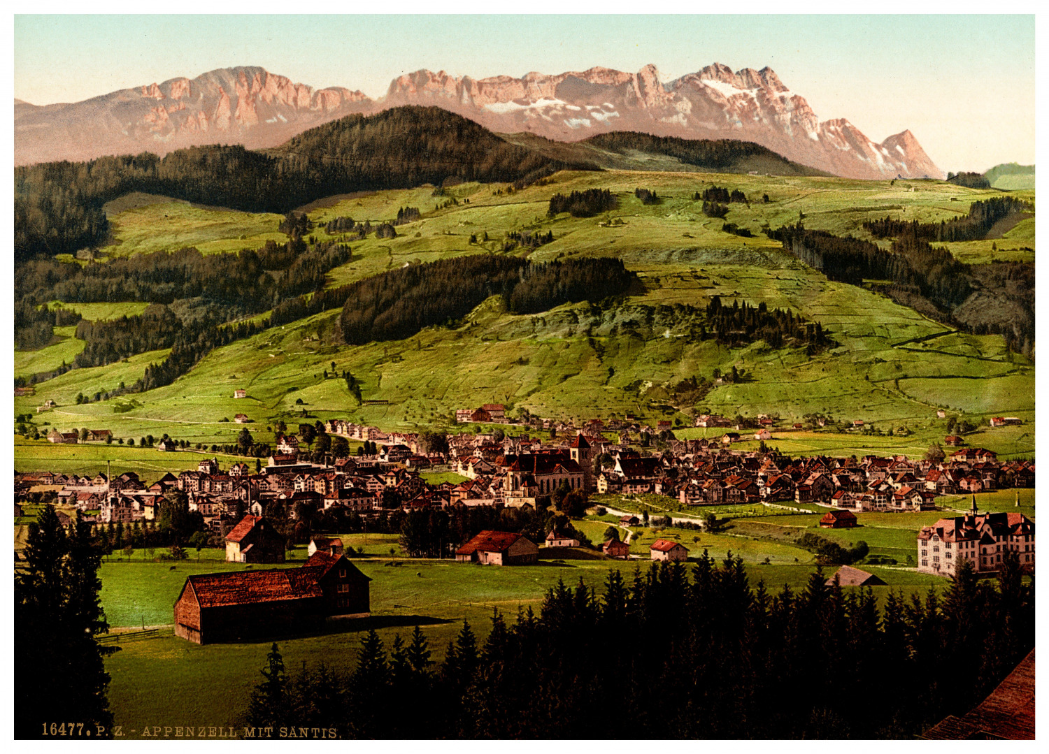 Switzerland, Appenzell. Appenzell with Säntis. vintage print photochromie, vintage p