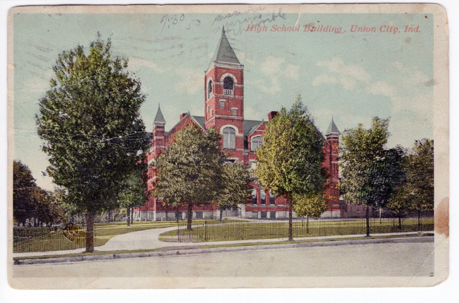 1918 Union City, IN Postcard - High School Building - Posted