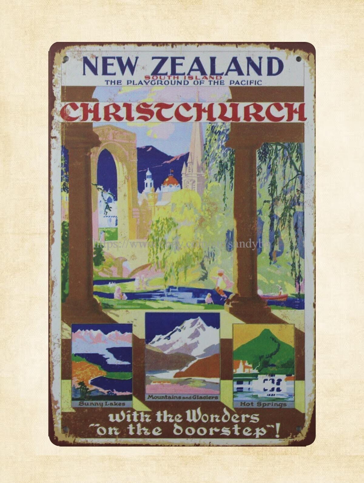 1930s New Zealand Travel Playground of the Pacific Christchurch metal tin sign