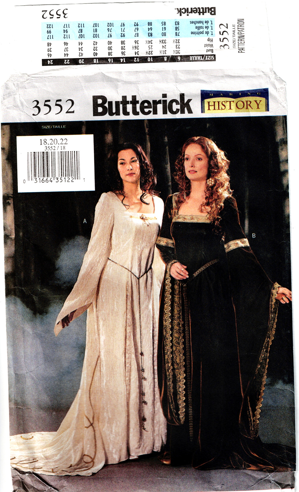 3552 Butterick Medieval Historical  Costume Dress uncut sewing Pattern  18 20 22