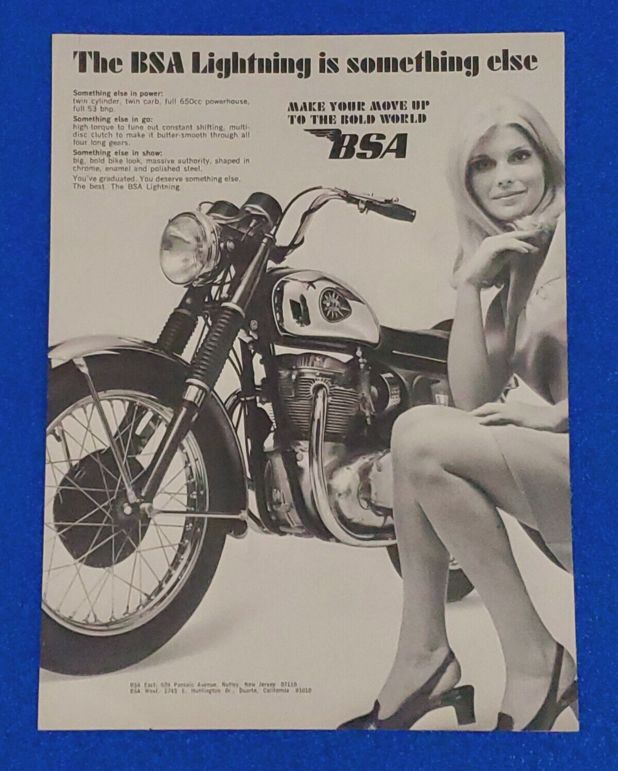 1968 BSA 650cc LIGHTNING MOTORCYCLE TWIN CARB ORIGINAL PRINT AD SHIPS FREE B/W