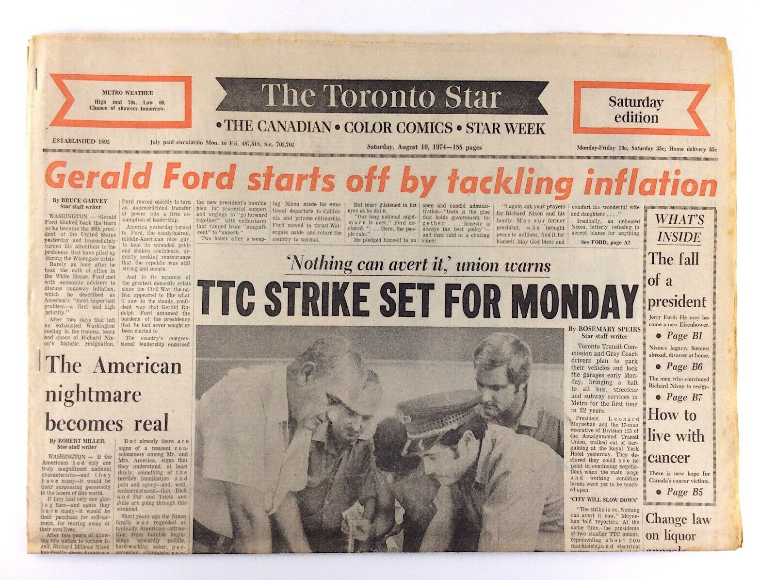August 10 1974 Toronto Star Front Section Only TTC Strike Set For Monday M174