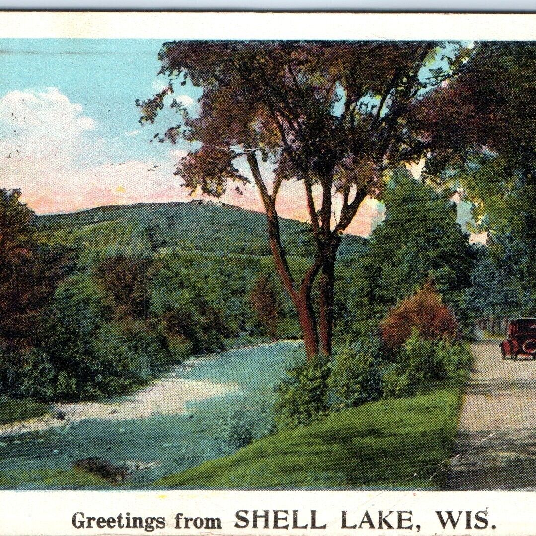 c1910s Shell Lake, Wis. Greetings River Car Postcards Stock Litho Photo WI A63