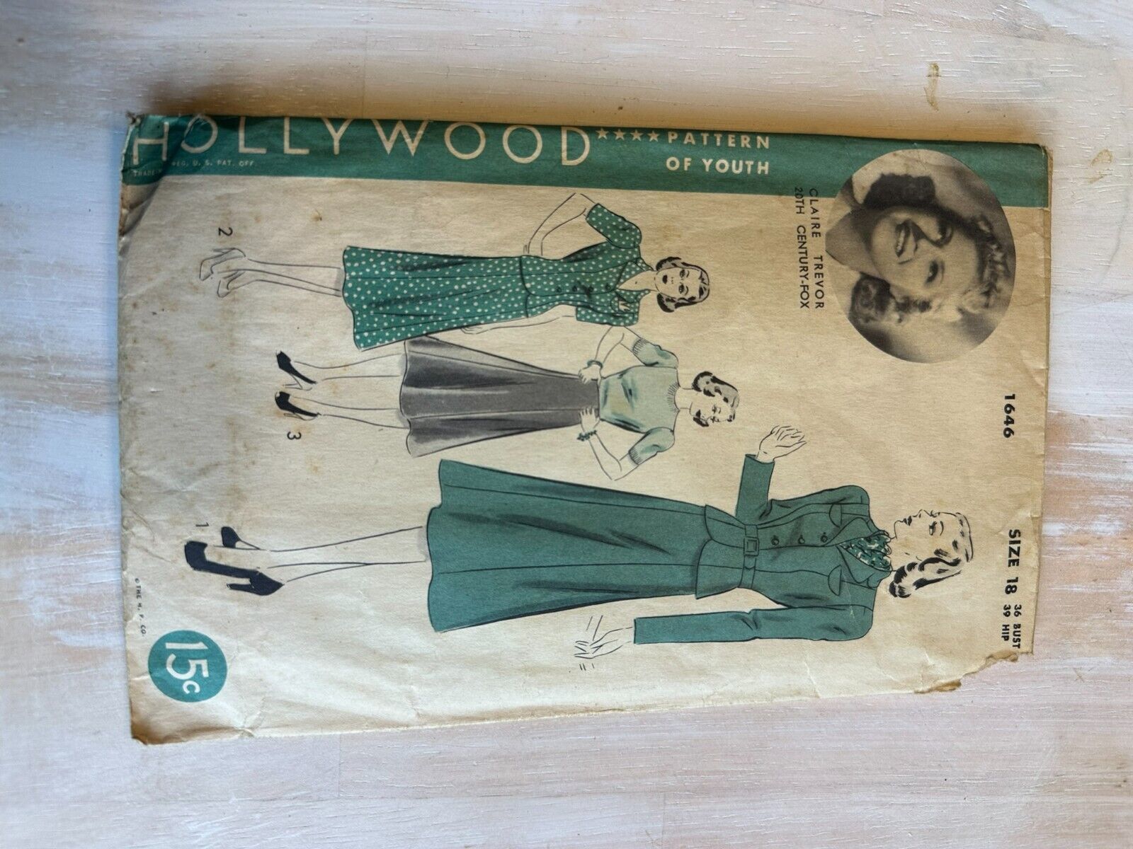 1940s Claire Trevor Hollywood Pattern #1646, Vintage Dress.
