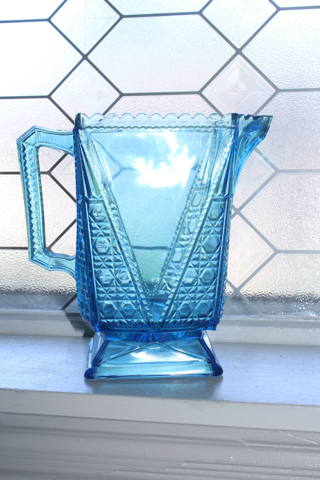Antique EAPG Blue Glass Water Pitcher Mitred Diamond