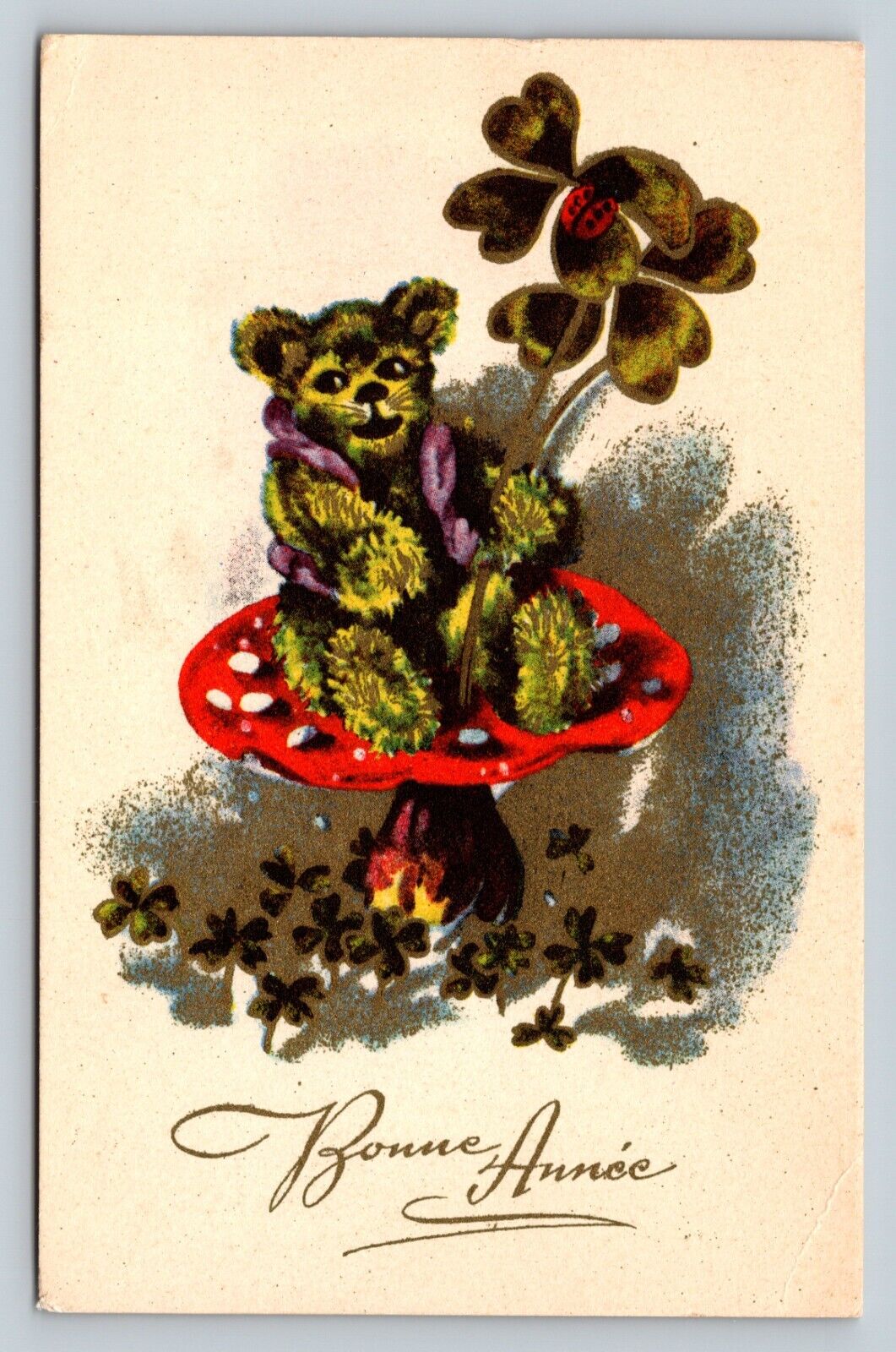 c1940s French Happy New Year Bonne Annee Teddy Sits Atop Mushroom VTG Postcard