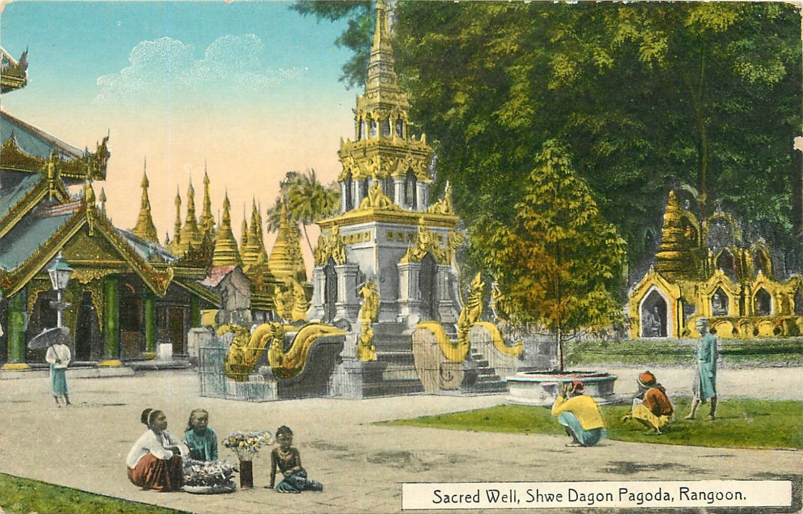 1920 Sacred Well, Shwe Dagon Pagoda, Rangoon, Myanmar, Burma Postcard
