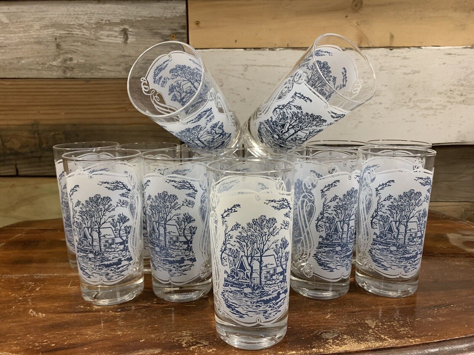 Vintage Currier and Ives Royal Blue & White Glass 11 Oz Tumblers Set of 14 (2F)