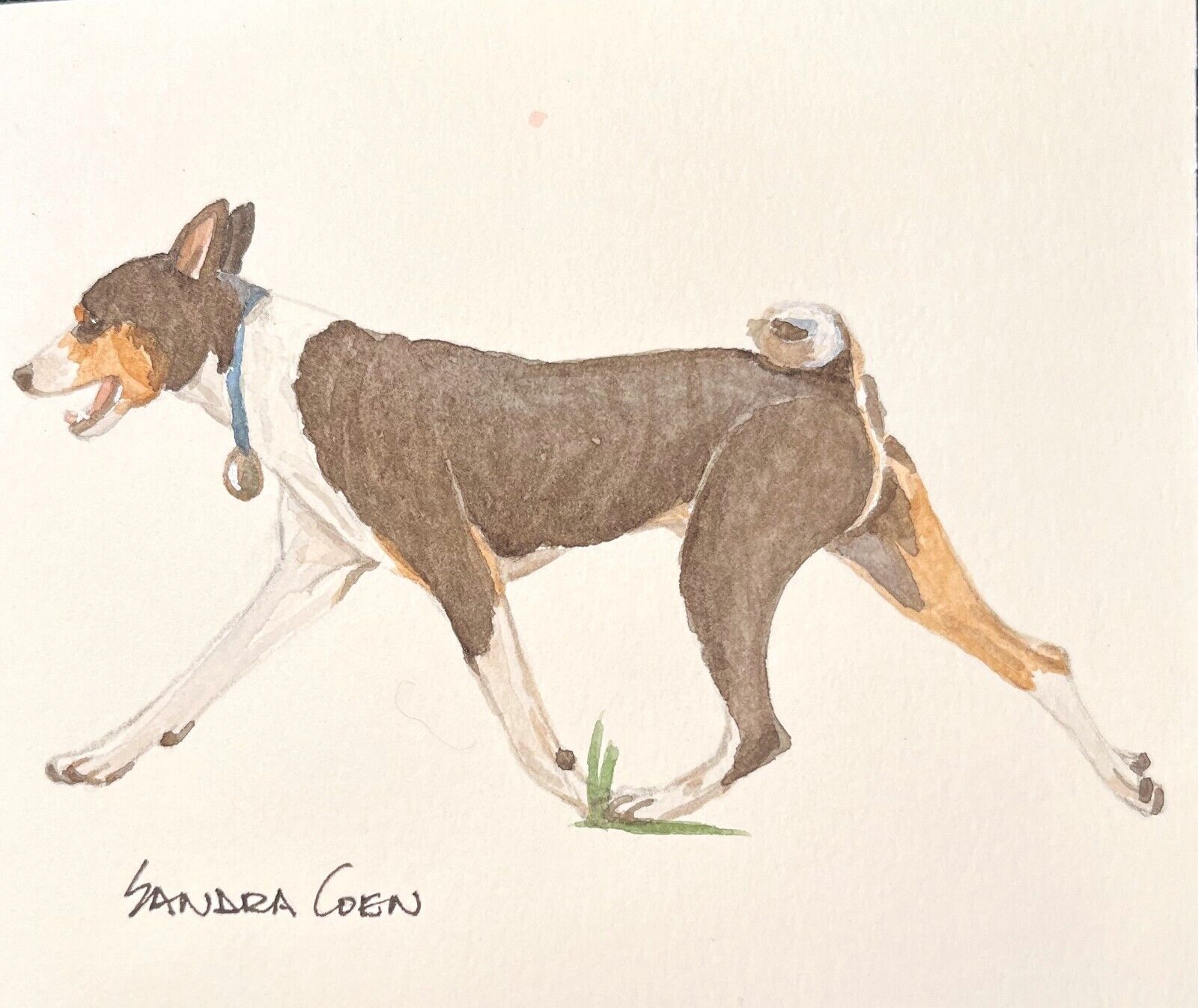 Basenji  Original Watercolor Painting by Sandra Coen Troting dog