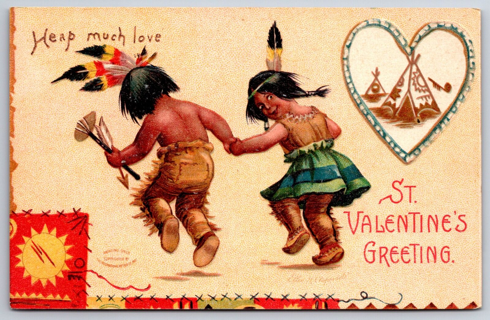 Ellen H Clapsaddle Valentine~Native American Children Dance~Emboss~IAPC~c1910