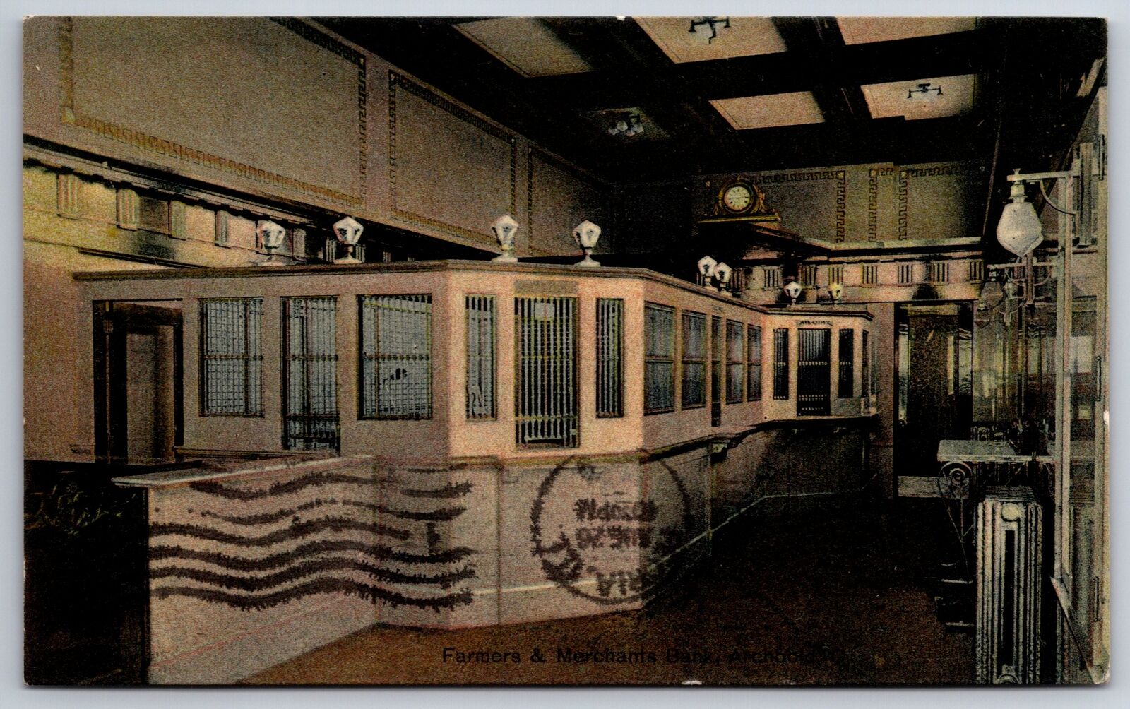 Archbold Ohio~Farmers & Merchants Bank Interior~Tellers Cages~Radiator~1909 PC