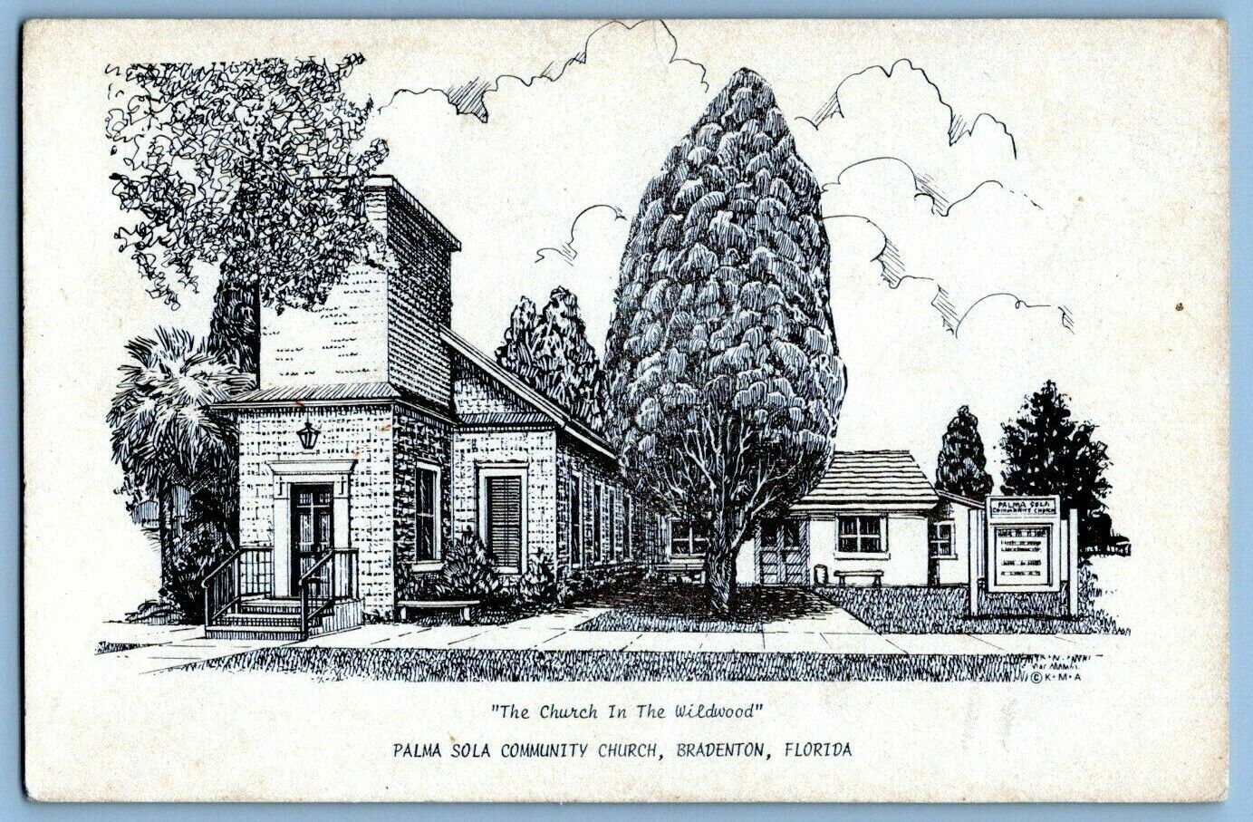 VTG Postcard~ Sketch Style~ Palma Sola Community Church~ Bradenton, Florida