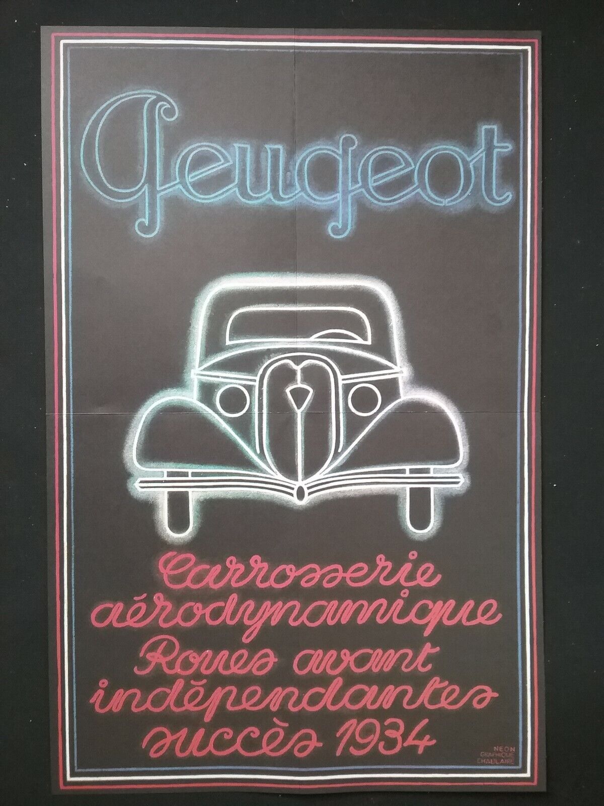 1934 PEUGEOT ADVERTISING POSTER  ,  FRENCH CAR HISTORY (six)
