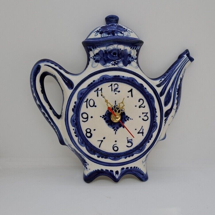 Porcelain quartz wall clock Gzhel Author\'s form Teapot
