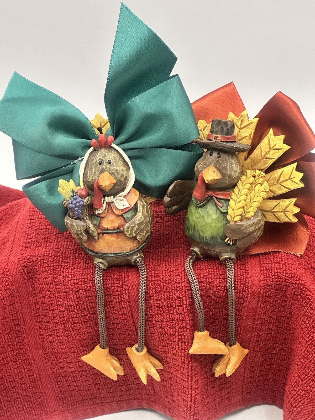 Thanksgiving Turkey Shelf Sitter Couple Resin With Removable Bows