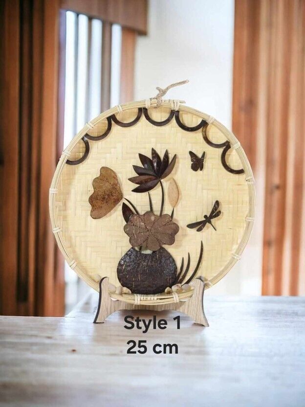 Hand Carved Coconut Shell Art on Bamboo Tray, Boho Chic Wall or Table Decor