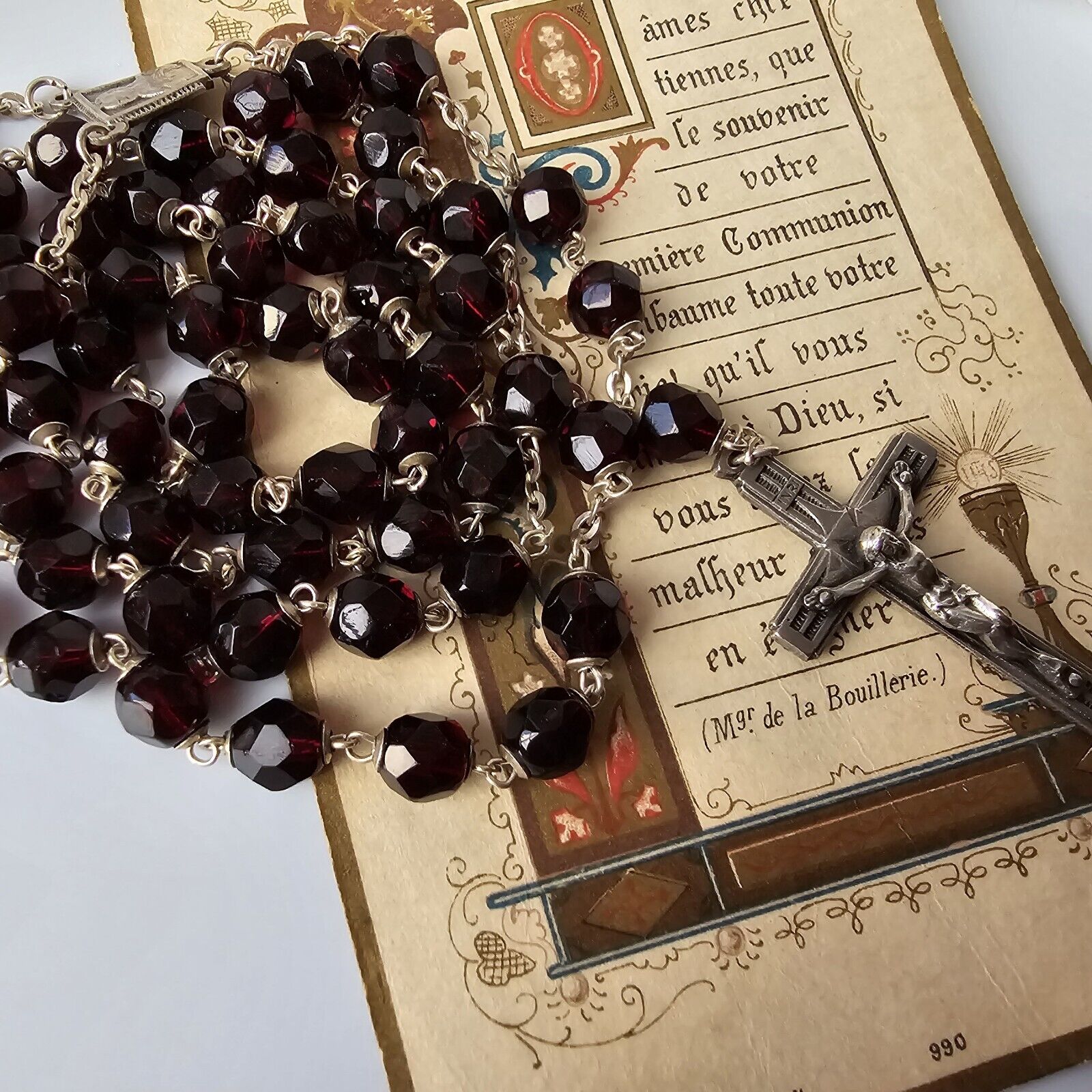 Vintage Rosary Art Deco Style Italy 800 Silver and Garnets Punches Title...
