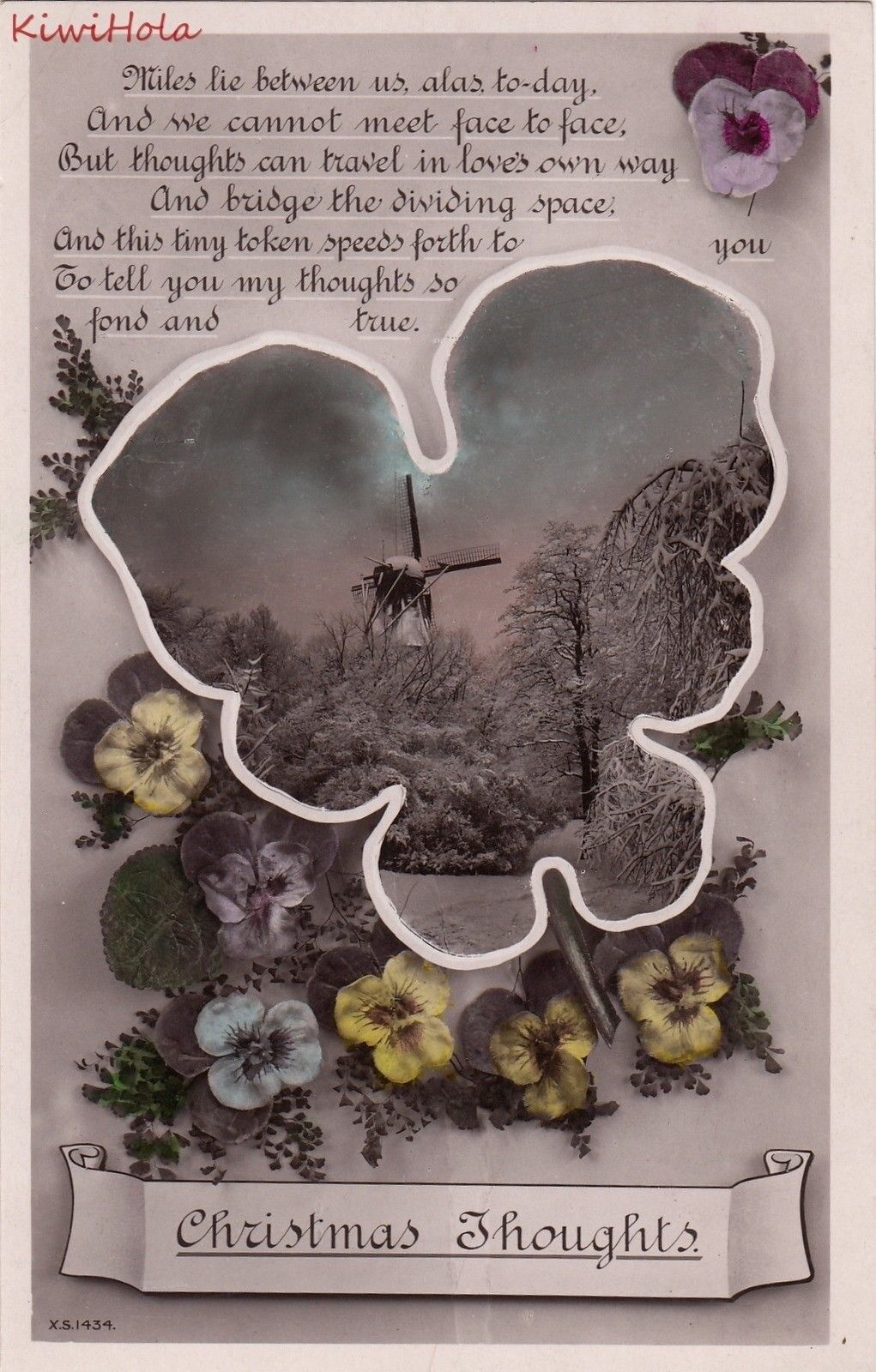 RPPC Postcard Christmas Thoughts Poem + Flowers