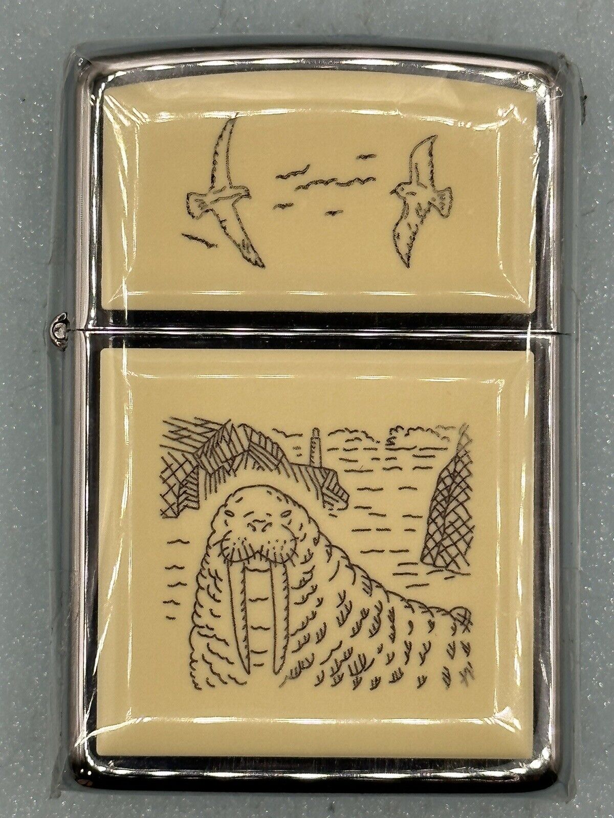 Vintage 1994 Scrimshaw Walrus Double Sided Zippo Lighter NEW Mint Condition