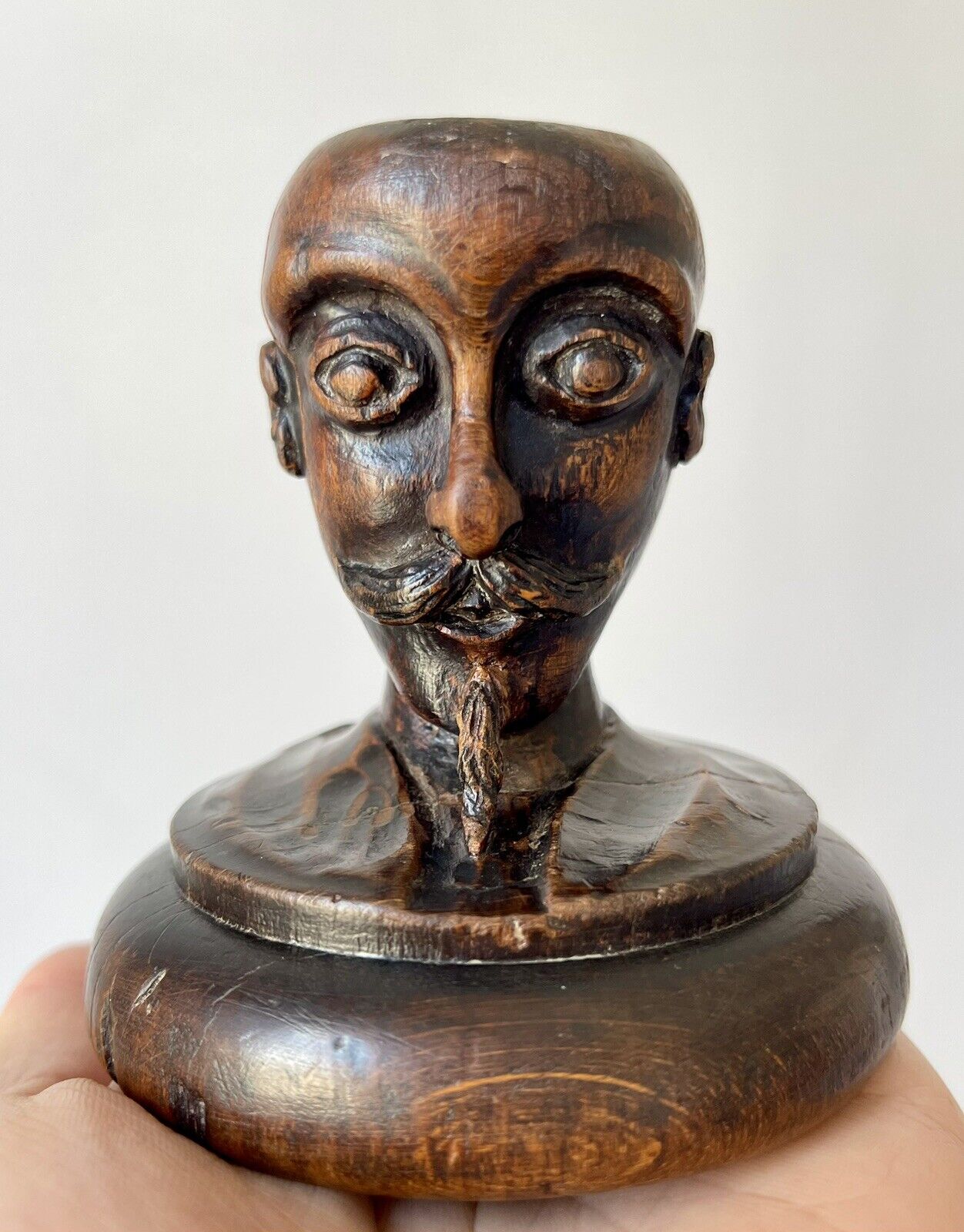 Antique Men\'s Carved Wooden Candlelight Head Folk Art XIX Sculpture Curiosity