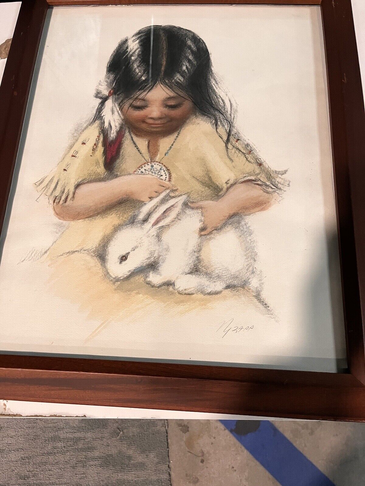 Marilyn Zapp Painting Native American Girl Holding Bunny Original Water Color