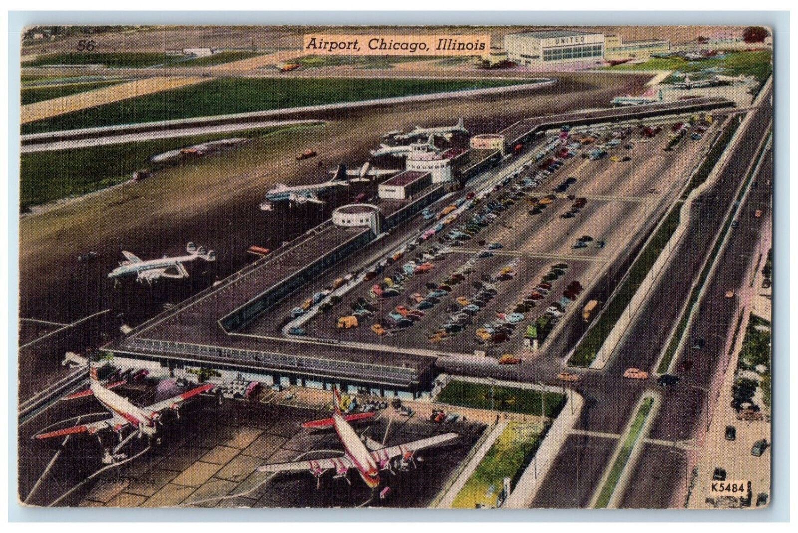 c1930\'s Aerial View Airplanes and Cars Scene Airport Chicago IL Postcard