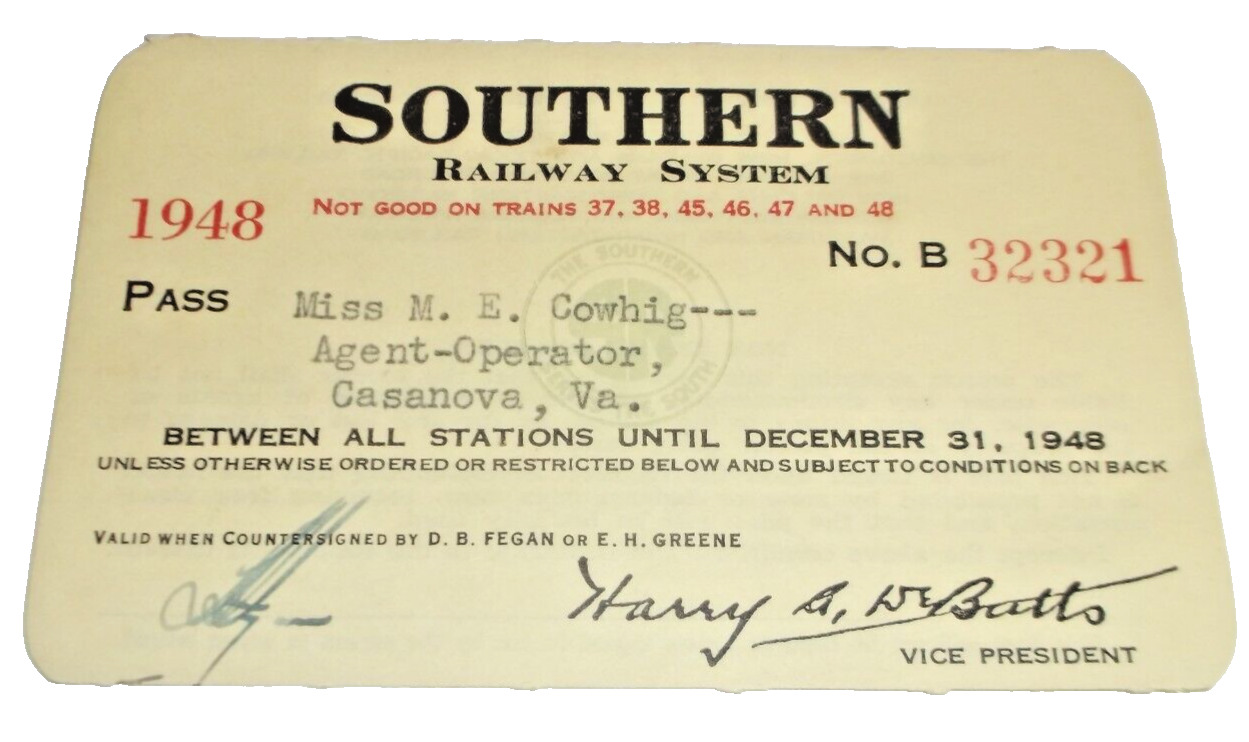 1948  SOUTHERN RAILWAY COMPANY EMPLOYEE PASS  #32321