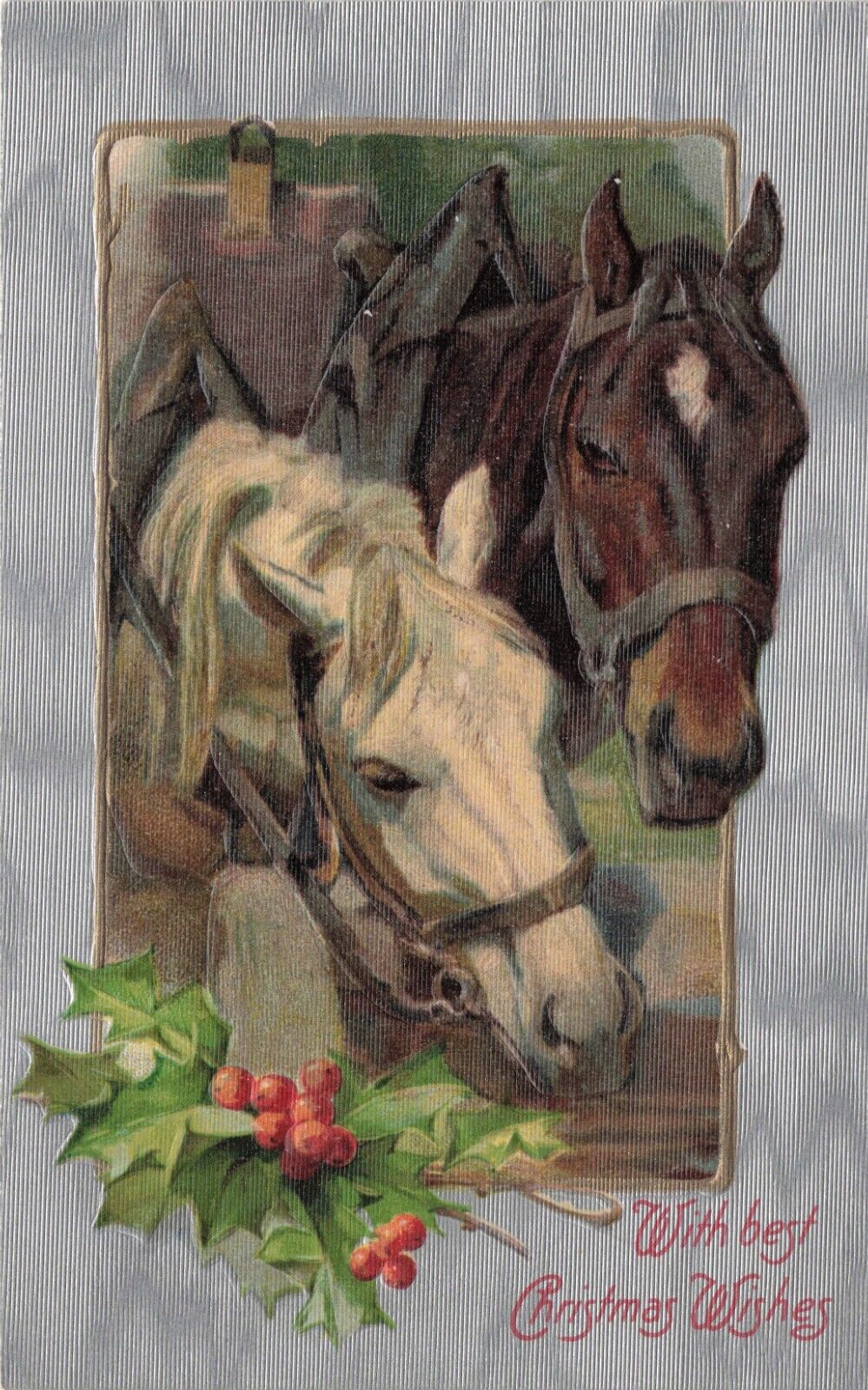Christmas Wishes 2 Farm Horses Drinking Embossed Vintage Postcard