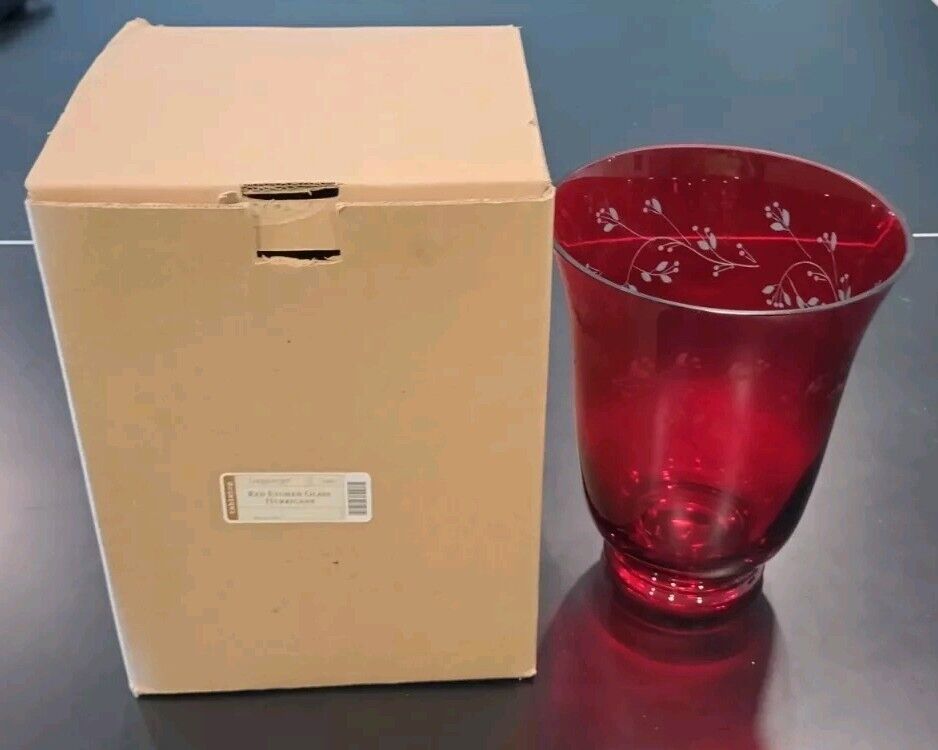 Longaberger Etched Ruby Red Glass Hurricane Vase 71303 (In Original Box)