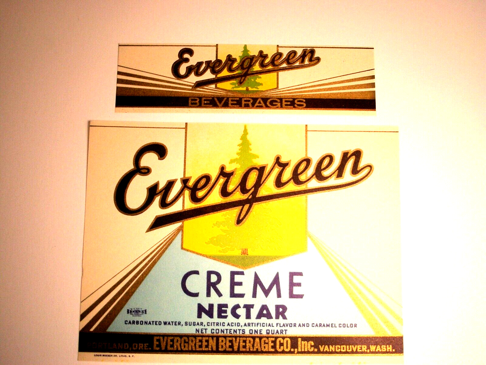 Vintage Evergreen Creme Nectar Neck label Soda Vancouver Washington