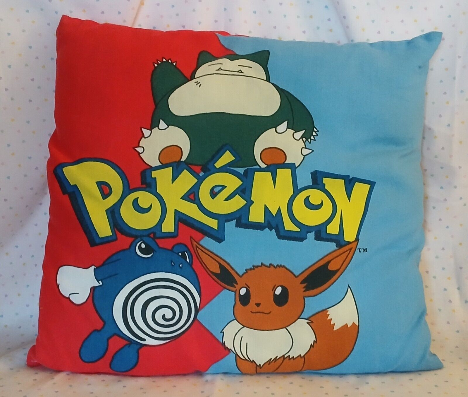 Vintage 1998 Pokemon Square Throw Pillow Eevee Poliwhirl Snorlax Pikachu Ash