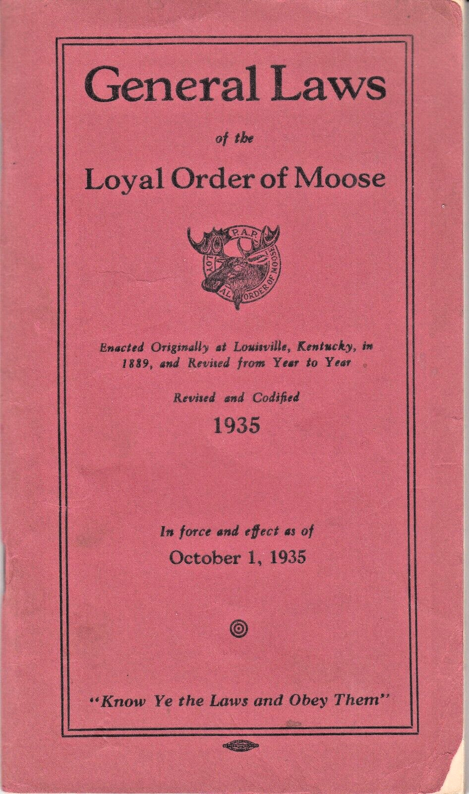Vintage 1935 Loyal Order of Moose General Laws booklet