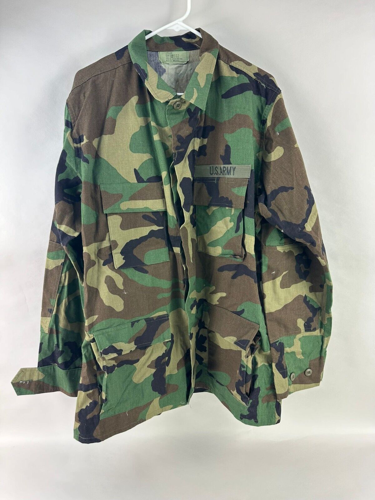 US Army Camo Combat Jacket Woodland Size Large Long Button Up