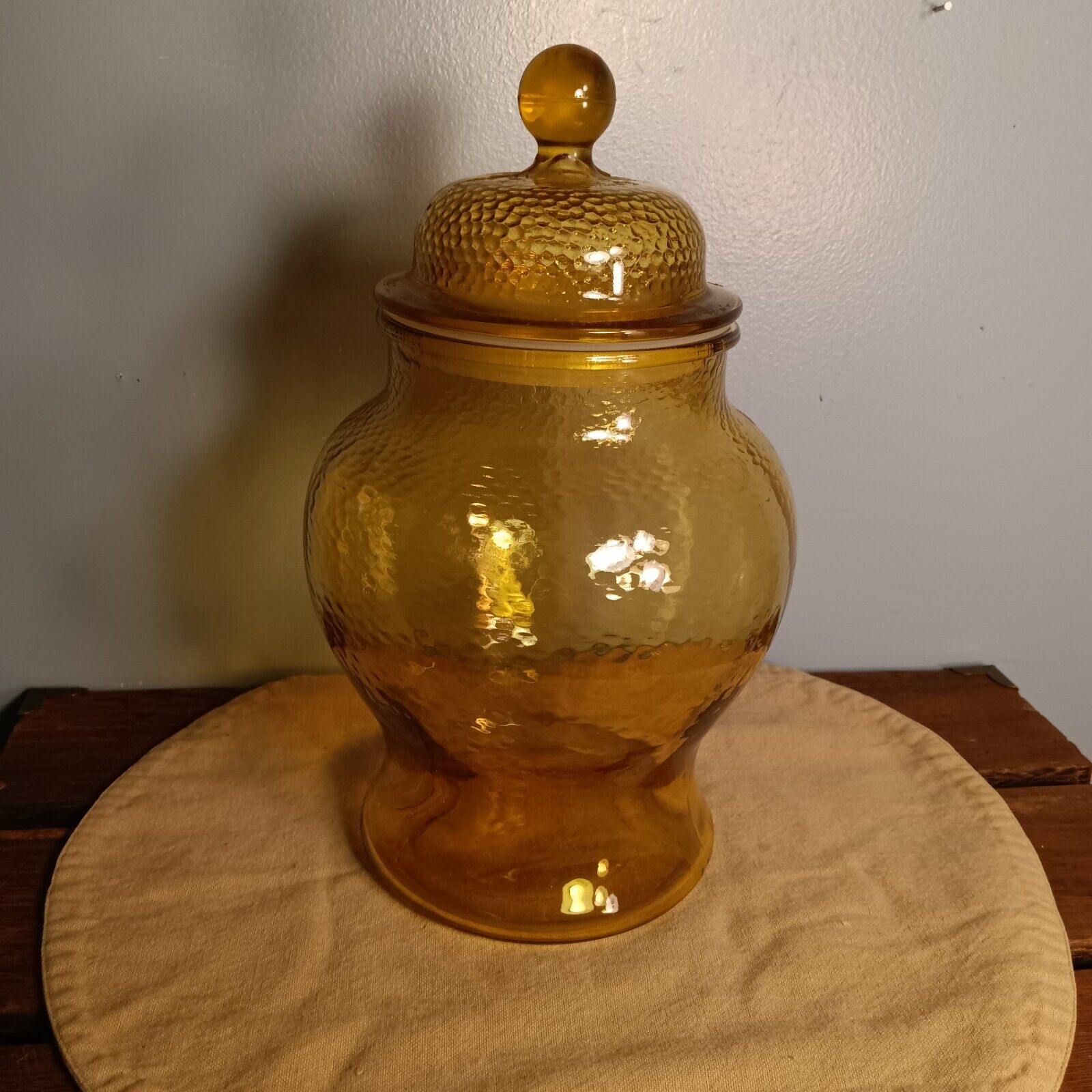 Vintage Light Amber Pebbled Glass Apothecary Jar Container, Lidded