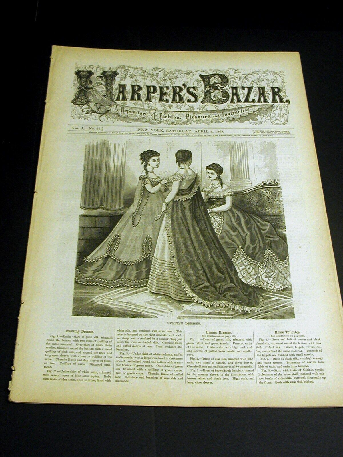 Harper\'s Bazar April 4, 1868 VICTORIAN EVENING DINNER HOME DRESSES HAIR STYLES