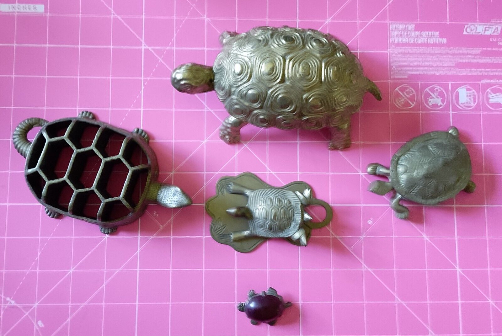 Grandma's Collection of Antique Brass Turtles includes trinket boxes & a brooch