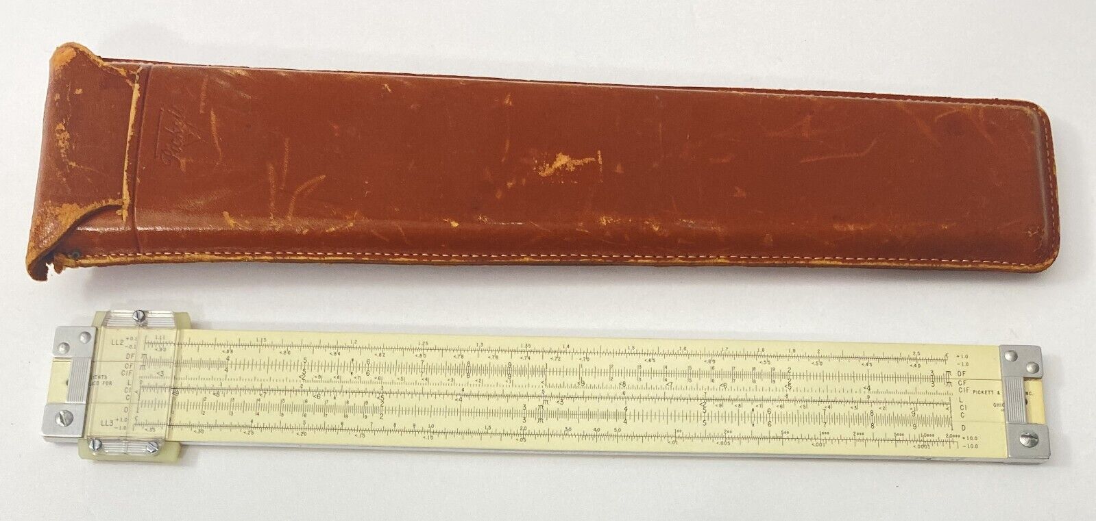 Vintage Pickett & Eckel 800-T Synchro-Scale Slide Rule w/ Leather Case Chicago