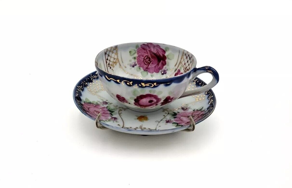 Painted Rose Gold Gilt Cobalt Blue Porcelain Tea Cup + Saucer Plate Set Unmarked