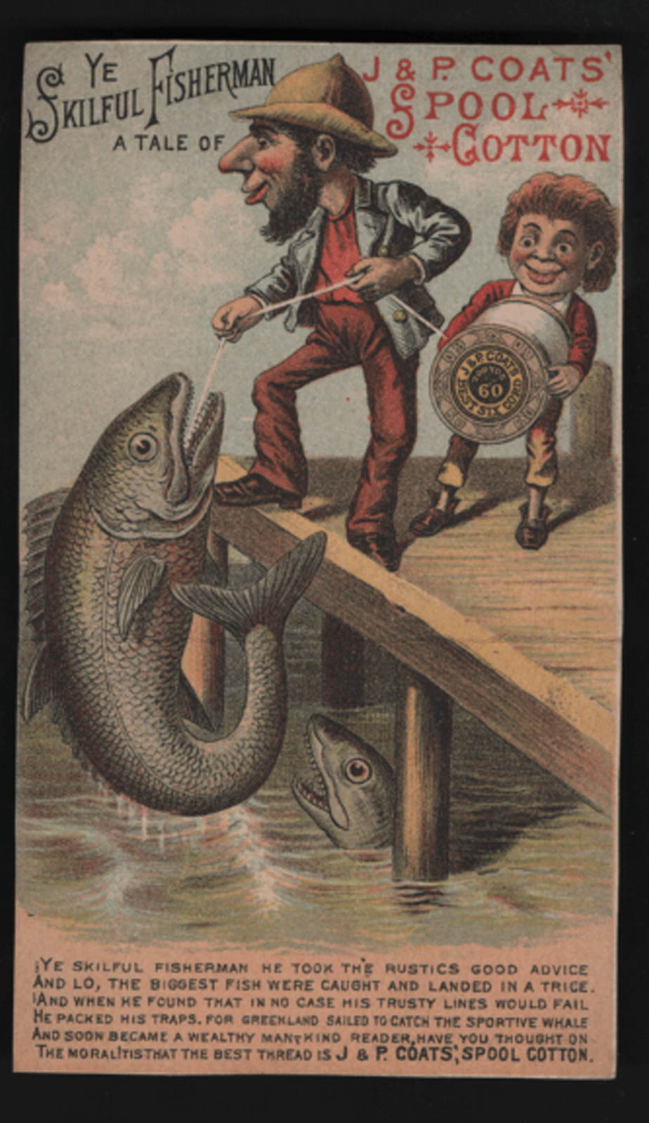 1879 J & P COATS THREAD, METAMORPHIC CALENDAR TRADE CARD,with a GIANT FISH  F574