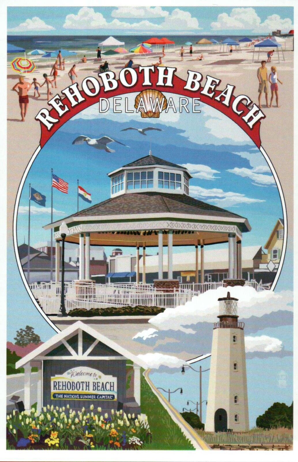 Rehoboth Beach Delaware Montage, Beach Lighthouse Seagulls etc - Modern Postcard