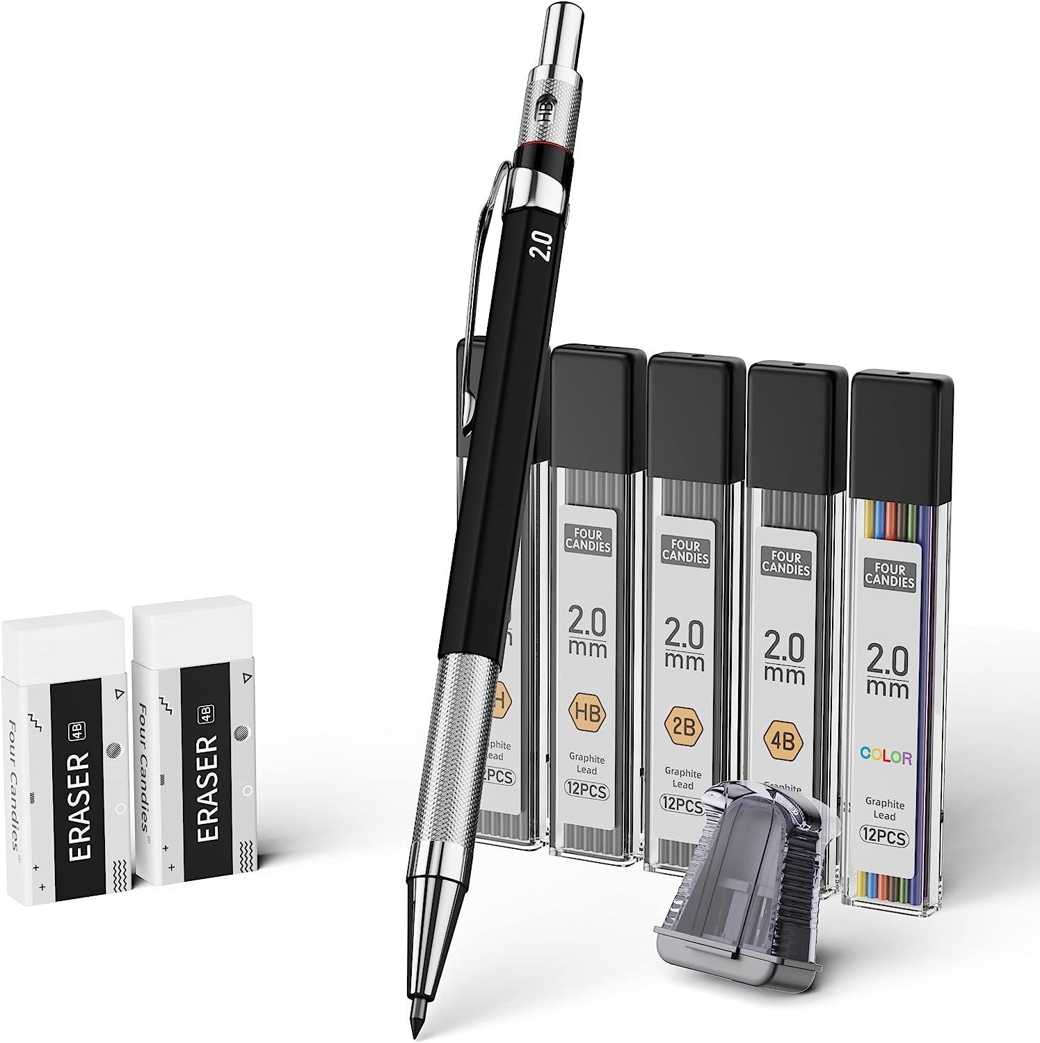 Four Candies 2MM Mechanical Pencil Set with Case, Artist Lead Pencil Metal Lead 