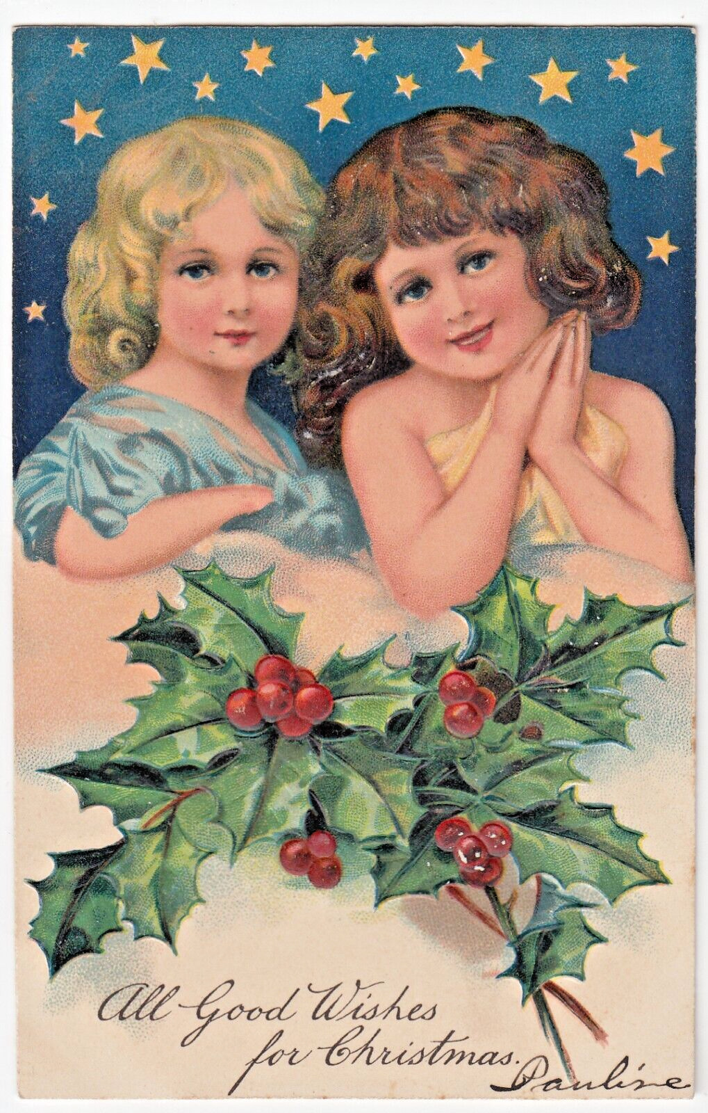 PFB Christmas ~ Girls with Starry Night & Holly, Vintage Xmas Postcard